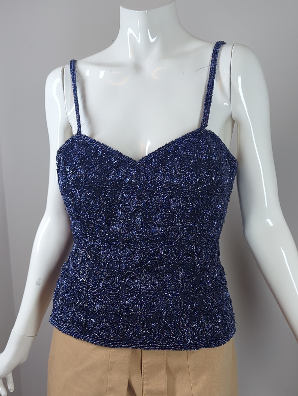 Fully Beaded Navy Sleeveless Cami Top Corset Vintage Terra Nostra M